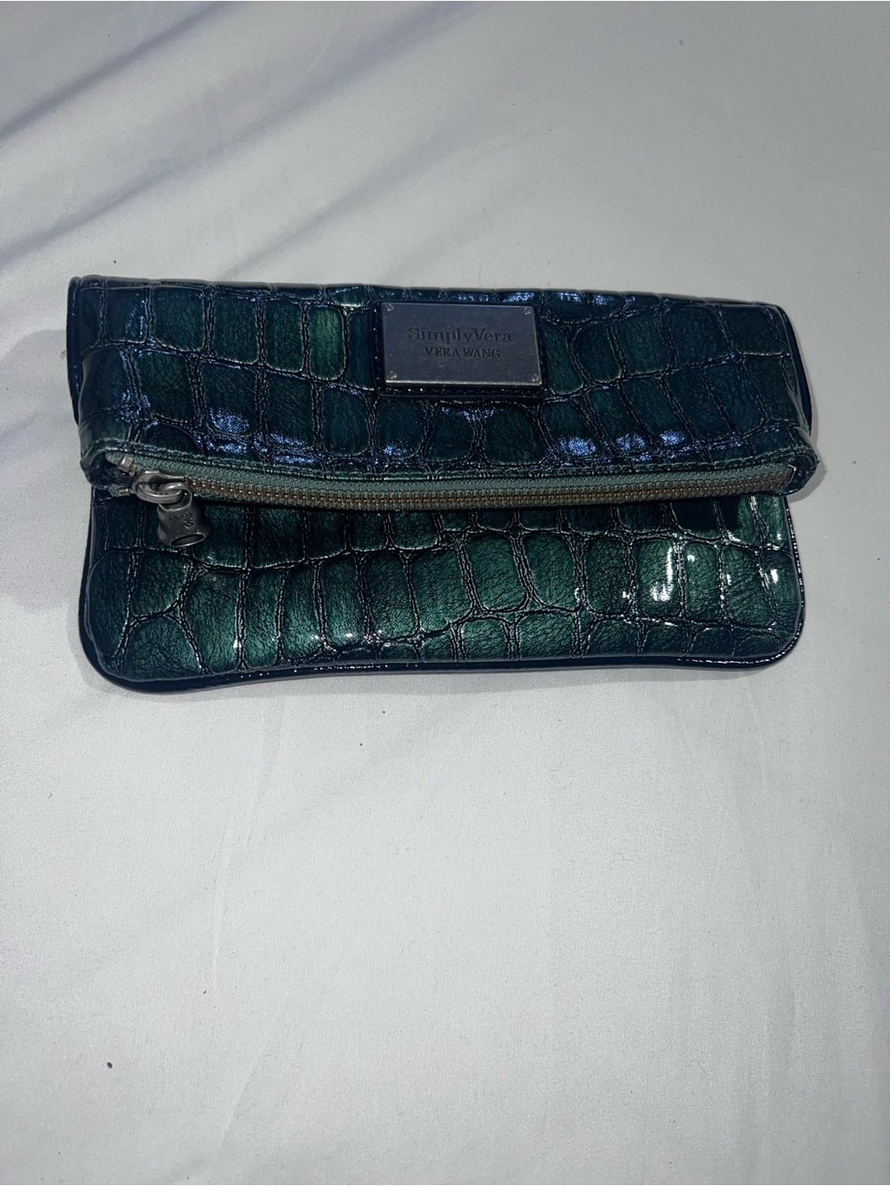 Vera Wang Dark Green Croc-Embossed Patent Leather Wristlet Clutch